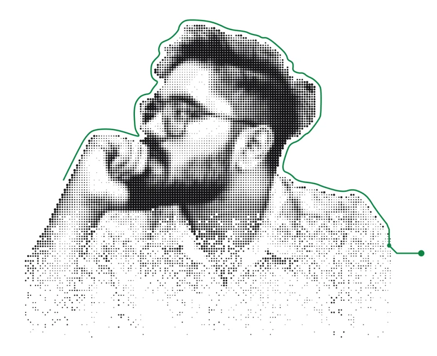 Dot-matrix portrait of Ganesh Phutane, hand on chin, glasses on, traced by one green line
